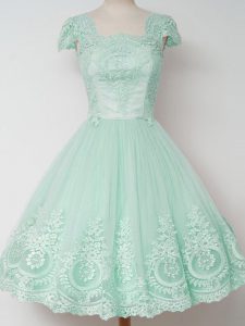 Fashion Knee Length Zipper Quinceanera Court of Honor Dress Apple Green for Prom and Party and Wedding Party with Lace