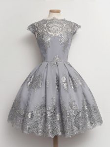 Latest A-line Dama Dress for Quinceanera Grey Scalloped Tulle Cap Sleeves Tea Length Lace Up