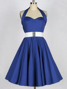 Sophisticated Sleeveless Knee Length Belt Lace Up Quinceanera Court Dresses with Blue