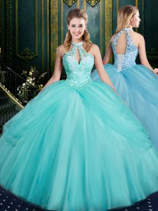 Affordable Aqua Blue Lace Up Sweet 16 Dresses Beading and Pick Ups Sleeveless Floor Length