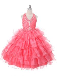 Adorable Beading and Ruffled Layers Pageant Dress Womens Coral Red Lace Up Sleeveless Floor Length