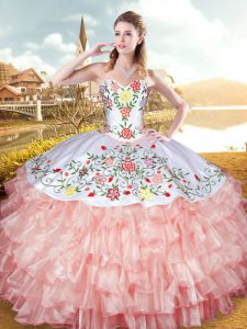 Floor Length Lace Up Ball Gown Prom Dress Peach for Military Ball and Sweet 16 and Quinceanera with Embroidery and Ruffled Layers