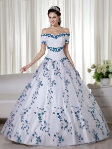 Modest Off The Shoulder Short Sleeves Organza Sweet 16 Quinceanera Dress Embroidery Lace Up