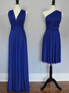 Sleeveless Chiffon Floor Length Lace Up Quinceanera Dama Dress in Royal Blue with Ruching