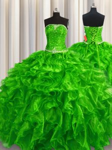 Spectacular Strapless Sleeveless Lace Up Quinceanera Dress Green Organza