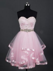 Baby Pink Zipper Quinceanera Court of Honor Dress Beading and Lace and Ruffles Sleeveless Mini Length