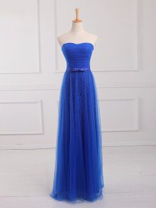 Royal Blue Empire Belt Quinceanera Dama Dress Lace Up Tulle and Lace Sleeveless Floor Length