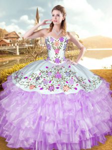 Floor Length Lace Up Sweet 16 Dresses Lilac for Military Ball and Sweet 16 and Quinceanera with Embroidery and Ruffled Layers