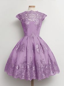 Affordable Lavender Vestidos de Damas Prom and Party and Wedding Party with Lace Scalloped Cap Sleeves Lace Up