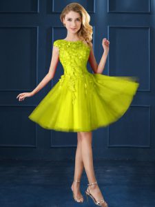 High Quality A-line Dama Dress Yellow Bateau Tulle Cap Sleeves Knee Length Lace Up