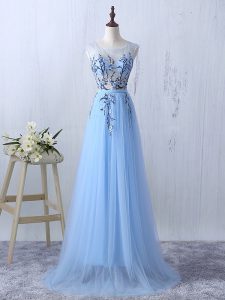 Fashionable Light Blue Scoop Neckline Appliques Damas Dress Sleeveless Side Zipper