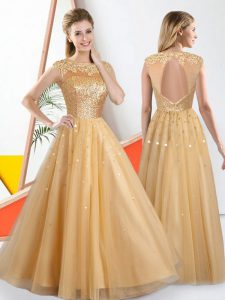 Champagne Backless Bateau Beading and Lace Quinceanera Court Dresses Tulle Sleeveless