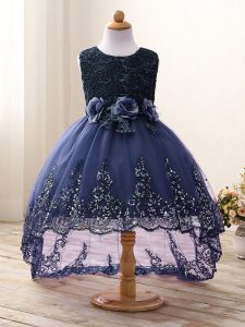 Navy Blue Ball Gowns Tulle Scoop Sleeveless Lace and Appliques and Bowknot and Hand Made Flower High Low Zipper Little Girls Pageant Dress
