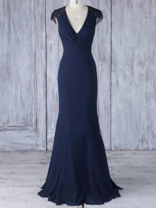 Sophisticated Mermaid Quinceanera Court Dresses Navy Blue V-neck Chiffon Cap Sleeves Floor Length Side Zipper