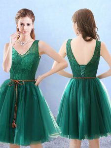 Fancy Green Quinceanera Court of Honor Dress Prom and Party with Lace V-neck Sleeveless Backless