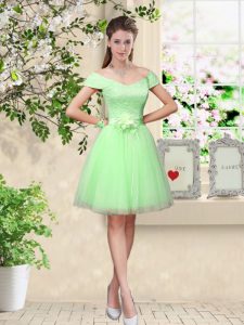 Apple Green Cap Sleeves Knee Length Lace and Belt Lace Up Quinceanera Dama Dress