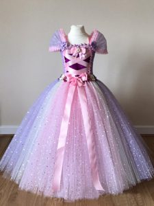 Custom Fit Multi-color Ball Gowns Tulle Off The Shoulder Cap Sleeves Sequins and Bowknot Floor Length Side Zipper Child Pageant Dress