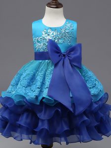 Classical Royal Blue Ball Gowns Lace and Ruffled Layers and Bowknot Winning Pageant Gowns Zipper Organza Sleeveless Tea Length