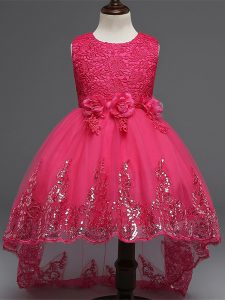 Hot Pink Scoop Neckline Lace and Appliques and Bowknot and Hand Made Flower Glitz Pageant Dress Sleeveless Zipper