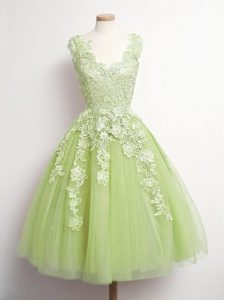 Popular Knee Length Yellow Green Court Dresses for Sweet 16 V-neck Sleeveless Lace Up