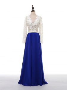 Nice Blue And White Zipper Mother Of The Bride Dress Lace and Appliques Long Sleeves Floor Length