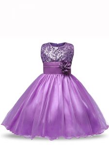 Latest Sequins and Hand Made Flower Pageant Dress for Womens Purple Zipper Sleeveless Knee Length