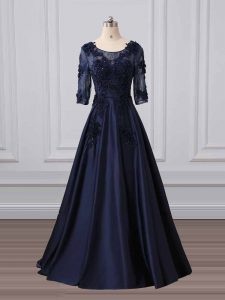 Fine Navy Blue 3 4 Length Sleeve Satin Brush Train Zipper Mother Of The Bride Dress for Party and Sweet 16