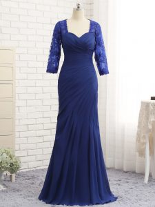 Flare Floor Length Zipper Mother of Groom Dress Blue for Prom and Party and Sweet 16 with Beading and Lace and Appliques and Ruching