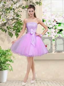 Best Selling Sleeveless Organza Knee Length Lace Up Quinceanera Dama Dress in Lilac with Lace and Belt