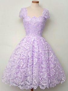 Fantastic Lavender Cap Sleeves Knee Length Lace Lace Up Quinceanera Court Dresses