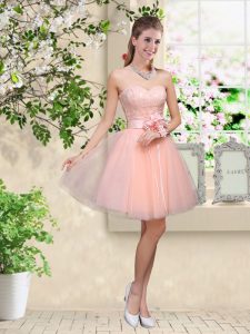 Trendy Peach Quinceanera Court of Honor Dress Prom and Party with Lace and Belt Sweetheart Sleeveless Lace Up