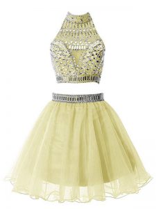 Pretty Yellow Sleeveless Beading Knee Length Quinceanera Dama Dress