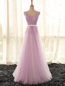 Fancy Floor Length A-line Sleeveless Lilac Court Dresses for Sweet 16 Lace Up