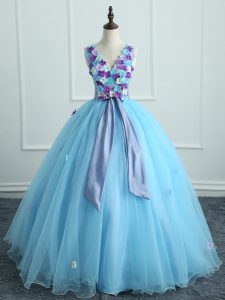 Light Blue V-neck Neckline Appliques and Belt Sweet 16 Quinceanera Dress Sleeveless Lace Up