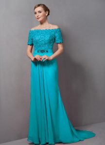 Attractive Aqua Blue Short Sleeves Sweep Train Lace Mother Of The Bride Dress