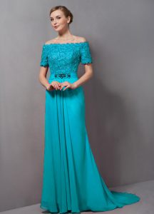 Attractive Aqua Blue Short Sleeves Sweep Train Lace Mother Of The Bride Dress