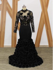 Modern Black High-neck Backless Beading and Lace and Appliques and Hand Made Flower Mother of Bride Dresses Brush Train Long Sleeves