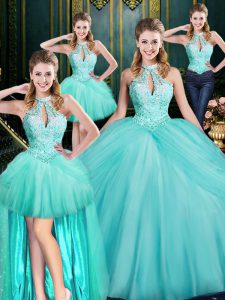 On Sale Aqua Blue Ball Gowns Halter Top Sleeveless Tulle Floor Length Lace Up Beading and Pick Ups Quinceanera Dresses