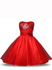 Red Scoop Zipper Sequins and Hand Made Flower Pageant Dress Toddler Sleeveless