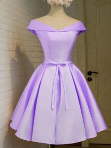 Fantastic Lavender Cap Sleeves Knee Length Belt Lace Up Damas Dress