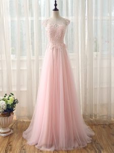 On Sale Baby Pink Tulle Zipper Dama Dress for Quinceanera Cap Sleeves Brush Train Beading and Lace