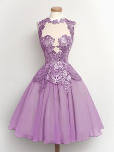 Classical Lilac Chiffon Lace Up Dama Dress for Quinceanera Sleeveless Knee Length Lace