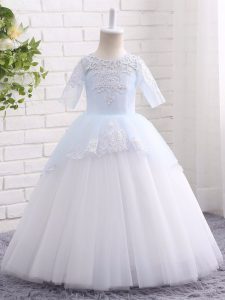 Graceful Blue And White Half Sleeves Floor Length Appliques Clasp Handle Little Girls Pageant Dress