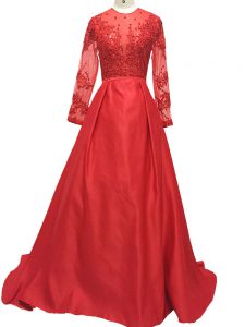 Red Mother Dresses Prom and Party and Military Ball and Sweet 16 with Lace and Appliques High-neck Long Sleeves Brush Train Zipper