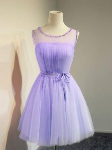Empire Quinceanera Court of Honor Dress Lavender Scoop Tulle Sleeveless Knee Length Lace Up