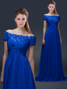Designer Blue Off The Shoulder Neckline Appliques Mother Dresses Short Sleeves Lace Up