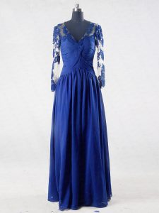 Floor Length Blue Mother of Groom Dress Chiffon Long Sleeves Lace and Appliques