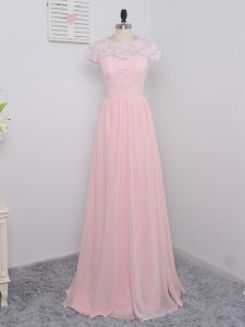 Sweet Baby Pink Chiffon Zipper Quinceanera Court of Honor Dress Short Sleeves Floor Length Lace
