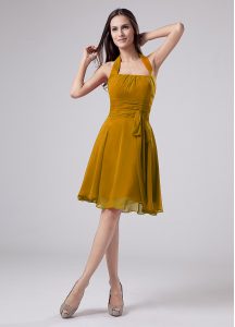 Unique Sleeveless Chiffon Knee Length Zipper Mother Dresses in Brown with Ruching