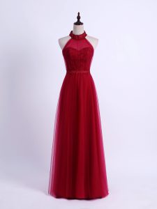 Elegant Wine Red Sleeveless Floor Length Lace and Appliques Lace Up Dama Dress